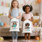 Personalized Cute Cartoon Bunny Girl Canvas Drawstring Bag with Name Daily Use Happy Easter Gift for Girls