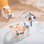Personalized Dog Paw Double Heart Birthstones Sterling Silver Ring with Name Dainty Jewelry Birthday Memorial Remembrance Gift for Women Pet Lovers