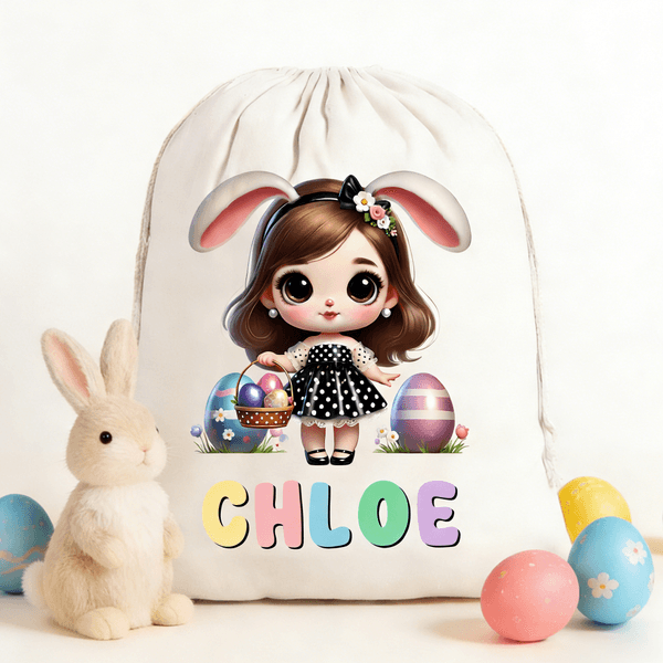 Personalized Cute Cartoon Bunny Girl Canvas Drawstring Bag with Name Daily Use Happy Easter Gift for Girls
