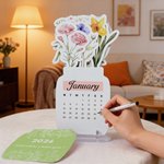 Acuarela Personalizada Flor de Nacimiento 2026 Calendario de Escritorio con Texto y Base Acrílica Decoración del Hogar Regalo de Cumpleaños para Amigos de la Familia