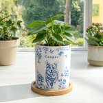 Personalized Toile De Jouy Flower Pet Photo Ceramic Planter Pot with Name Drainage Hole and Bamboo Base Loss of Pet Memorial Gift for Pet Owner