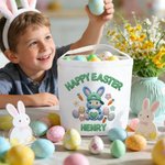 Personalized Happy Easter Faux Yarn Bunny Large Capacity Canvas Easter Basket with Name Easter Day Gift for Boys Girls