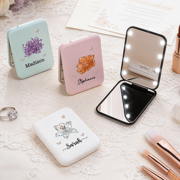 Personalised Crystal Birth Flower Butterfly Pocket Mirror with Name and LED Light Makeup Tools Daily Use Birthday Wedding Gift for Girls Women