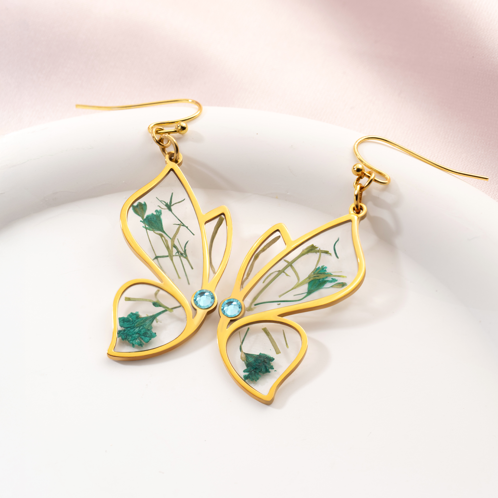 Boucles d'oreilles personnalisées en forme de papillon, fleurs séchées, pierres de naissance, bijoux délicats, cadeau d'anniversaire et de Saint-Valentin pour les femmes qui aiment la nature.