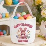 Personalized Happy Easter Faux Yarn Bunny Large Capacity Canvas Easter Basket with Name Easter Day Gift for Boys Girls