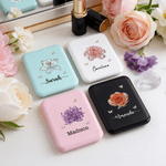 Personalised Crystal Birth Flower Butterfly Pocket Mirror with Name and LED Light Makeup Tools Daily Use Birthday Wedding Gift for Girls Women