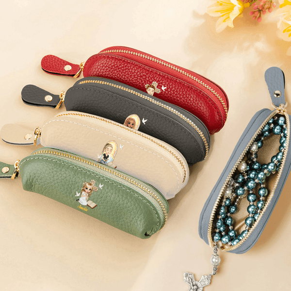 Personalised Cross Bible Book Cartoon Prayer Character Mini PU Leather Rosary Coin Handbag with Name Baptism Confirmation Birthday Gift for Christians