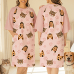 Gepersonaliseerde Multicolor Paw Lip Love 1-4 Face Foto's Nachtjapon met Zak Dagelijks Dragen Verjaardagscadeau voor Oma Mam Vrouw Huisdierliefhebber