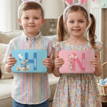 Personalized Multicolor Cute Easter Rabbit Initial Biscuit Tin Storage Box with Name Easter Party Gift for Boys Girls