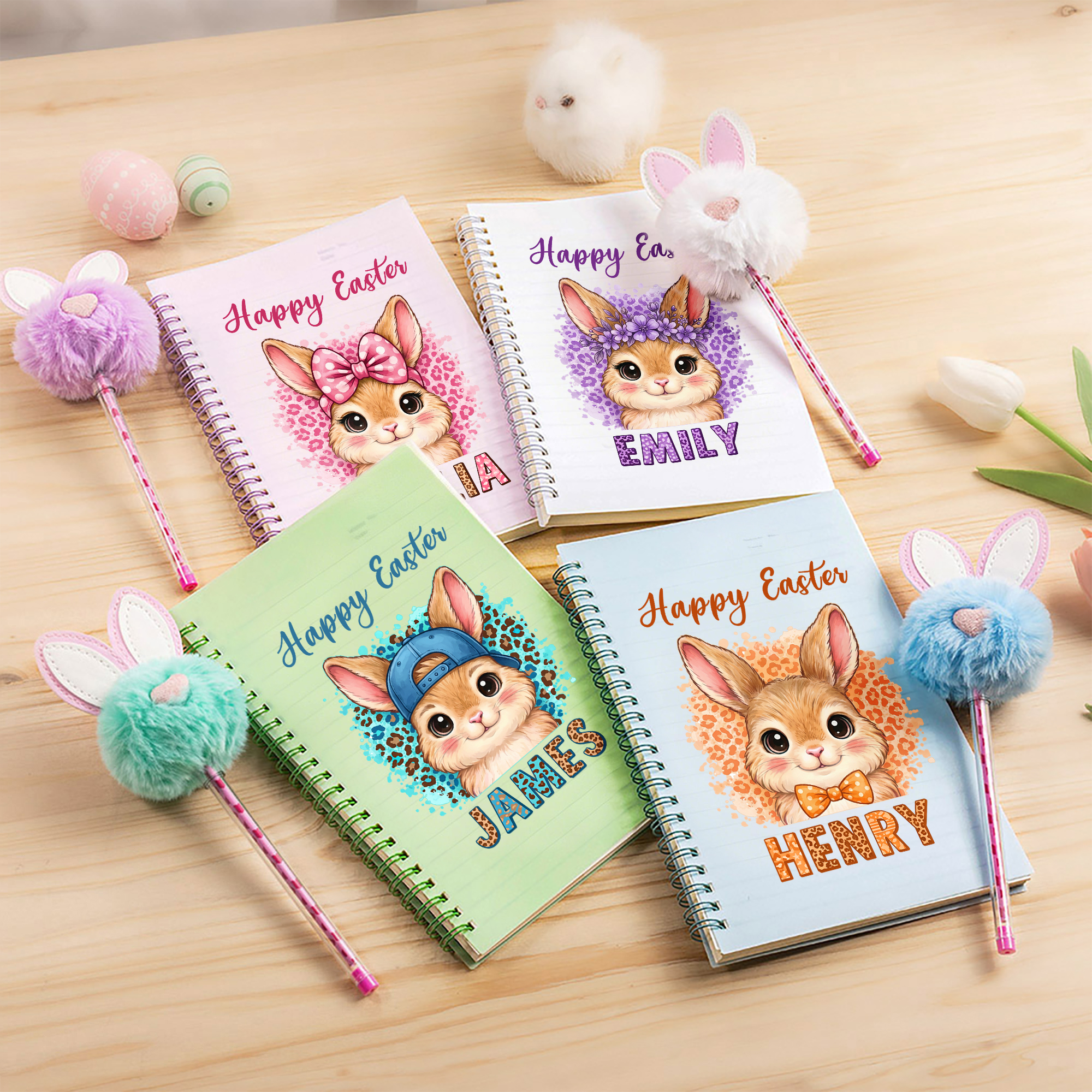 Cahier à spirales A5 et parure de stylos Pom Puff avec pages lignées et prénom Cadeau de Pâques pour enfants
