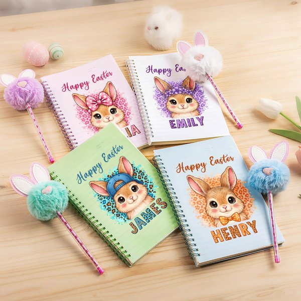 Personalized Happy Easter Cute Rabbit Leopard Print A5 Spiral Notebook and Pom Puff Pen Set with Lined Pages and Name Easter Gift for Kids
