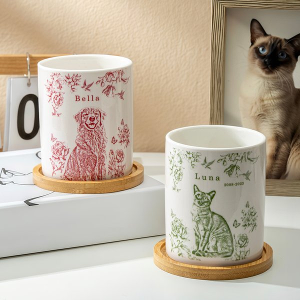 Personalized Toile De Jouy Flower Pet Photo Ceramic Planter Pot with Name Drainage Hole and Bamboo Base Loss of Pet Memorial Gift for Pet Owner