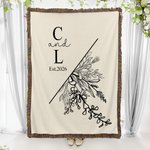 Personalized Line Flowers Tassel Soft Throw Flannel Blanket with Initials and Date Home Decor Wedding Anniversary Valentine's Day Gift for Couples