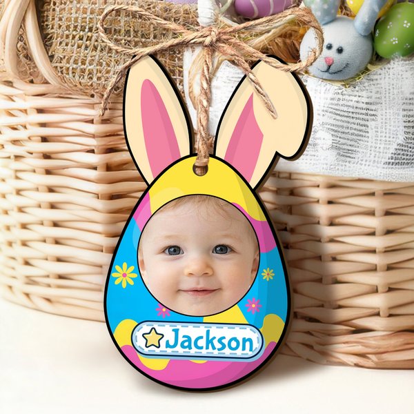 Personalized Cute Easter Bunny Ears Egg Photo Basket Tag with Name Easter Gift for Kids