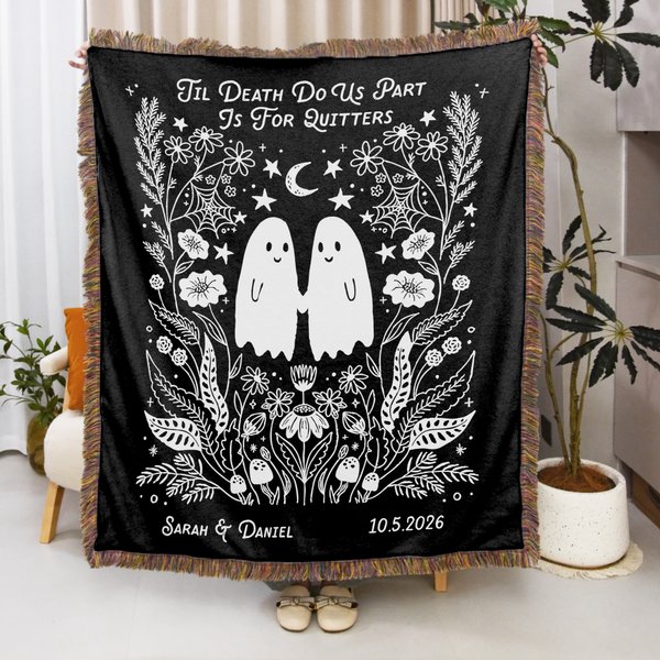 Personalized Gothic Ghost Tassel Blanket with Name and Date Wedding Anniversary Valentine's Day Gift for Couple