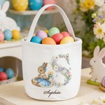 Personalized Cute Bunny Easter Eggs Floral Initial Large Capacity Canvas Easter Basket with Name Easter Day Gift for Boys Girls