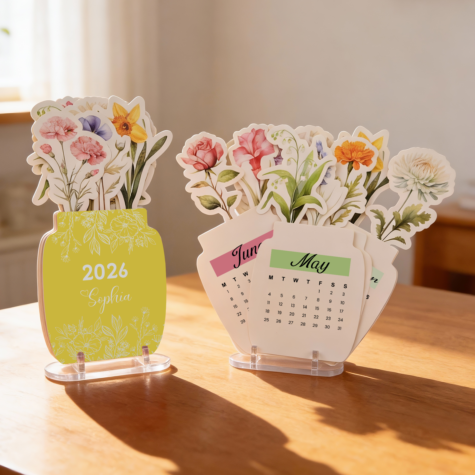 Personalized Watercolor Birth Flower 2026 Desk Calendar with Text and ...
