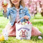 Personalized Happy Easter Faux Yarn Bunny Large Capacity Canvas Easter Basket with Name Easter Day Gift for Boys Girls