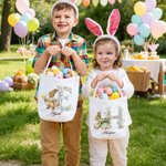 Personalized Cute Bunny Easter Eggs Floral Initial Large Capacity Canvas Easter Basket with Name Easter Day Gift for Boys Girls