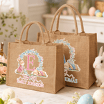Personalized Cute Bunny Wreath Easter Egg Jute Tote Bag with Name Easter Party Gift for Boys Girls