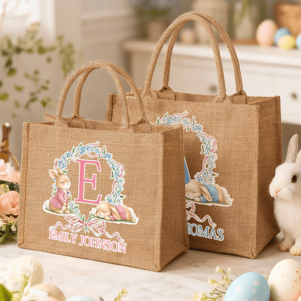 Personalisierte niedliche Hase Kranz Osterei Jute Tote Tasche mit Namen Ostern Party Geschenk für Jungen Mädchen