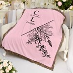 Personalized Line Flowers Tassel Soft Throw Flannel Blanket with Initials and Date Home Decor Wedding Anniversary Valentine's Day Gift for Couples
