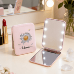 Personalised Crystal Birth Flower Butterfly Pocket Mirror with Name and LED Light Makeup Tools Daily Use Birthday Wedding Gift for Girls Women