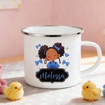 Personalized Cute Cartoon Black Girl 12 oz Enamel Mug with Name Birthday Gift for Girls