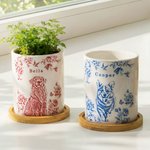 Personalized Toile De Jouy Flower Pet Photo Ceramic Planter Pot with Name Drainage Hole and Bamboo Base Loss of Pet Memorial Gift for Pet Owner