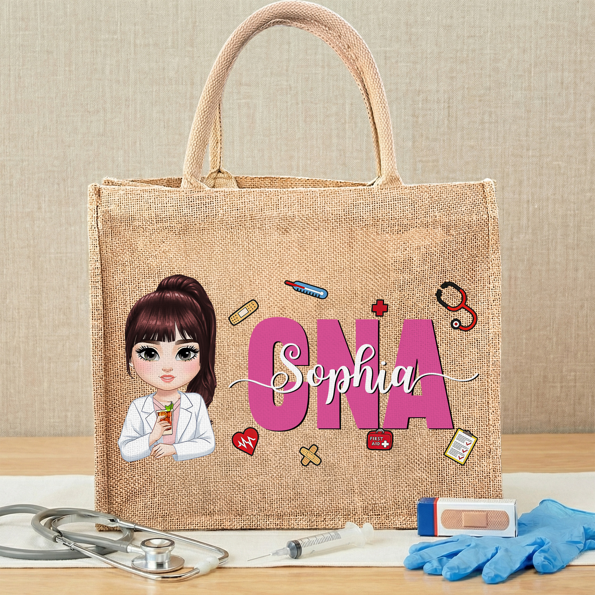 Sac en jute réutilisable avec nom et profession Cadeau d'anniversaire pour le personnel médical