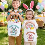 Personalized Happy Easter Faux Yarn Bunny Large Capacity Canvas Easter Basket with Name Easter Day Gift for Boys Girls