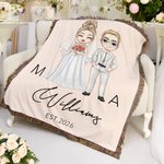 Personalized Cartoon Bride and Bridegroom Tassel Soft Throw Blanket with Family Name and Wedding Date Home Decor Valentine's Day Gift for Couples