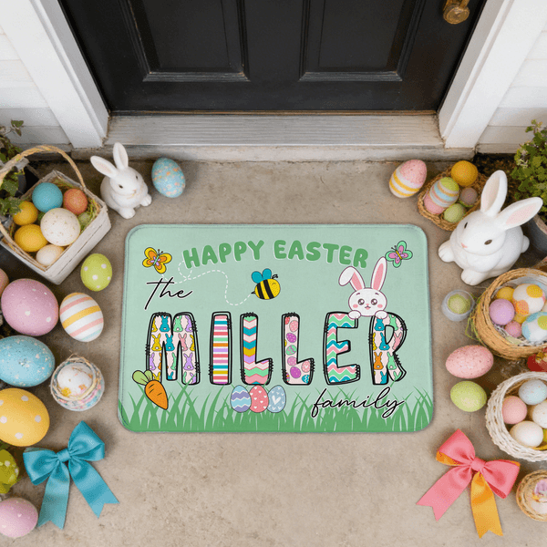 Personalized Happy Easter Rubbit Soft Non-Slip Doormat with Family Name Home Use Easter Gift for Family Friends