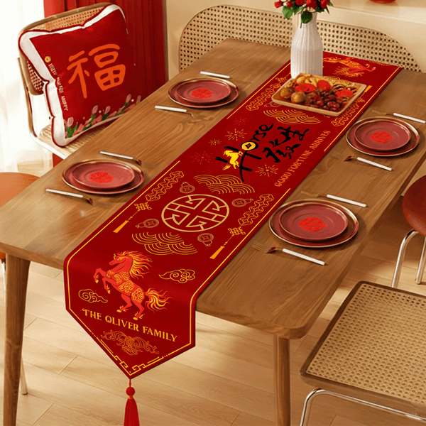 Personalised Chinese New Year Horse Table Runner with Family Name Home Decor Housewarming Holiday Gift for Family Friends