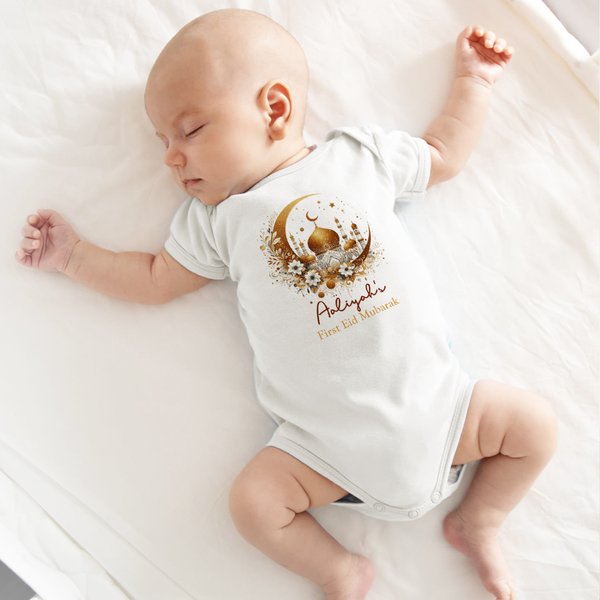 Personalised Crescent Moon Mosque Pattern 100% Cotton Soft Baby Bodysuit Romper Bib Set with Name First Eid Mubarak Gift for Newborns Babies