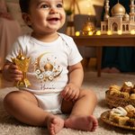 Personalised Crescent Moon Mosque Pattern 100% Cotton Soft Baby Bodysuit Romper Bib Set with Name First Eid Mubarak Gift for Newborns Babies
