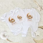 Personalised Crescent Moon Mosque Pattern 100% Cotton Soft Baby Bodysuit Romper Bib Set with Name First Eid Mubarak Gift for Newborns Babies