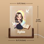 Personalized Cross Bible Book Cartoon Prayer Character Acrylic LED Night Light with Wooden Base Baptism Confirmation Birthday Gift for Christian Woman