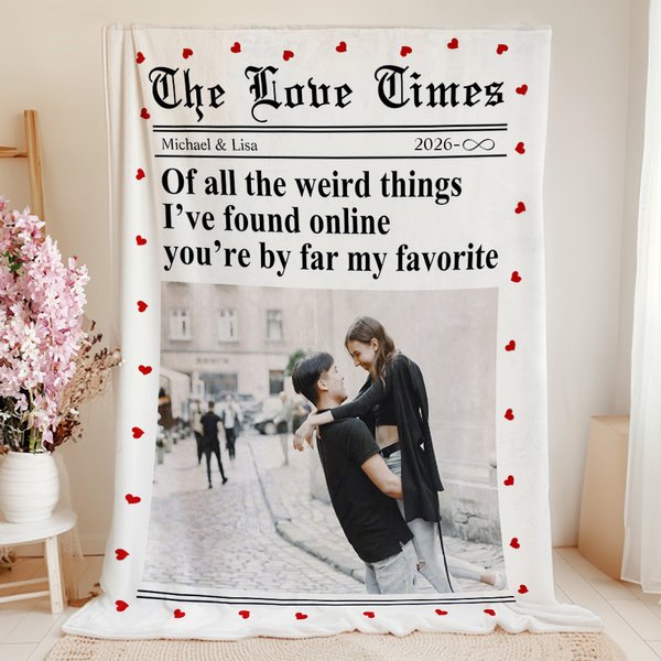 Personlig The New York Times Design Heart Border Photo Soft Throw Blanket med titel Namn År Valentine's Day Anniversary Gift for Couple