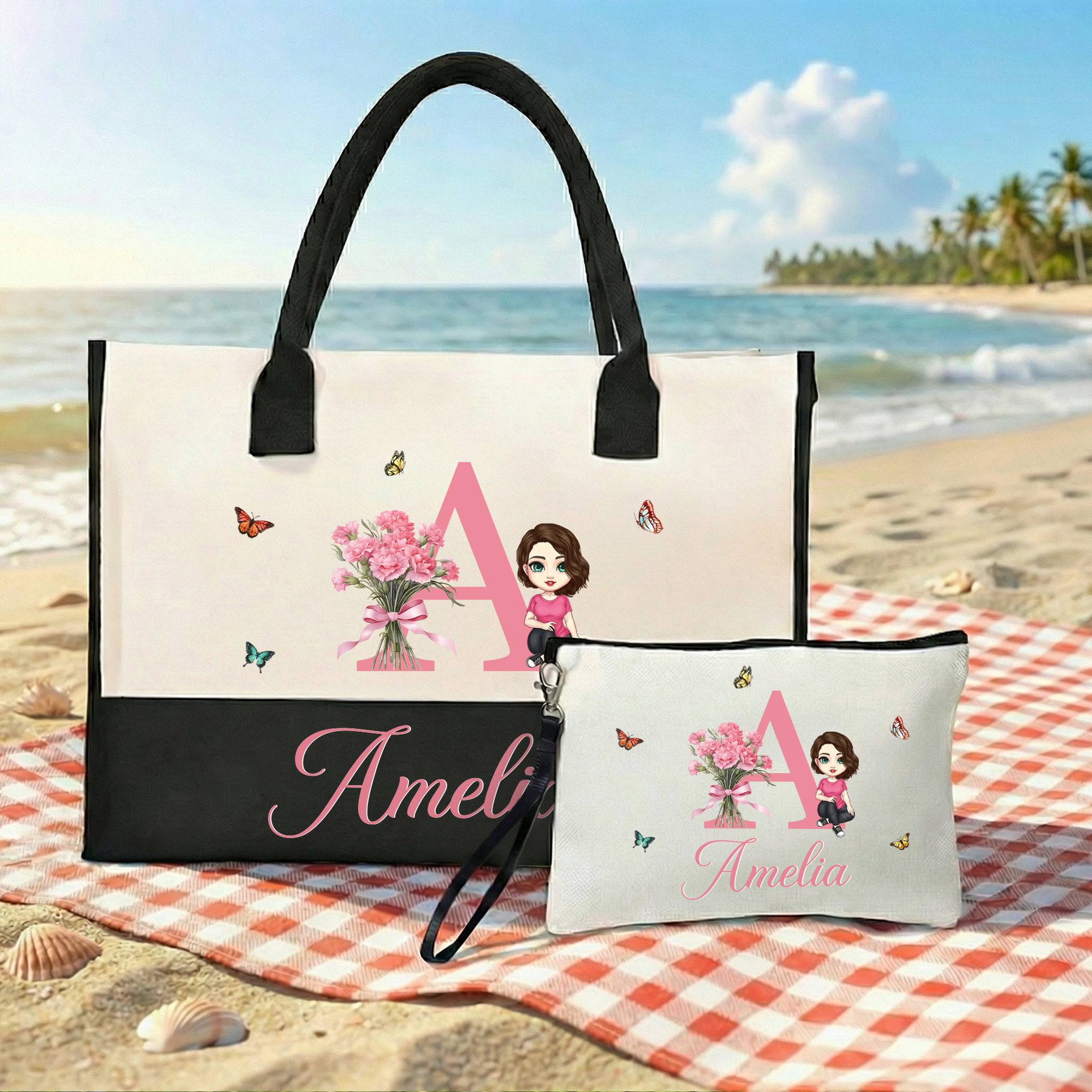 Personnalisé naissance Fleurs Cartoon Character Large Tote Bag Portable Makeup Bag with Names Daily Use Mother's Day Gifts for Mothers Friends