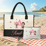 Gepersonaliseerde Geboorte Bloemen Cartoon Karakter Grote Tote Tas Draagbare Make-up Tas met Namen Dagelijks Gebruik Moederdagcadeaus voor Moeders Vrienden