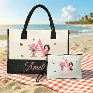 Personalized Birth Flowers Cartoon Character Large Tote Bag Portable Makeup Bag with Names Daily Use Mother's Day Gifts for Mothers Friends