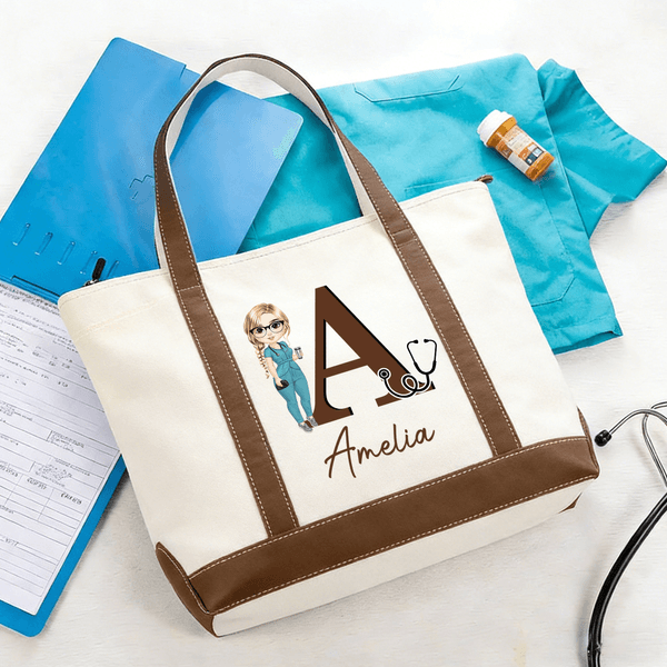 Personalized Cartoon Healthcare Worker Durable Boat Tote Bag with Name and Initial Travel Daily Use Nurses' Day Gift for Doctors Nurses