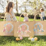 Personalized Cute Bunny Wreath Easter Egg Jute Tote Bag with Name Easter Party Gift for Boys Girls