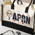 Personalized Cartoon Doctor Nurse Character Large Canvas Tote Bag with Name Birthday Nurse Graduation Appreciation Gift for Nurse Doctor