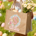 Personalized Cute Bunny Wreath Easter Egg Jute Tote Bag with Name Easter Party Gift for Boys Girls