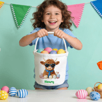 Cesta de huevos de Pascua personalizada con el nombre de una linda vaca de las Highlands Regalo de Pascua para niños Niñas