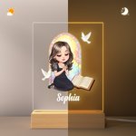Personalized Cross Bible Book Cartoon Prayer Character Acrylic LED Night Light with Wooden Base Baptism Confirmation Birthday Gift for Christian Woman