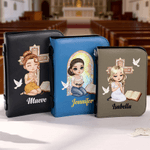 Personalized Cartoon Prayer Character Cross PU Leather Bible Book Cover with Zipper and Carry Handle Baptism Religious Day Gift for Christians Women