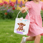 Cesta de huevos de Pascua personalizada con el nombre de una linda vaca de las Highlands Regalo de Pascua para niños Niñas